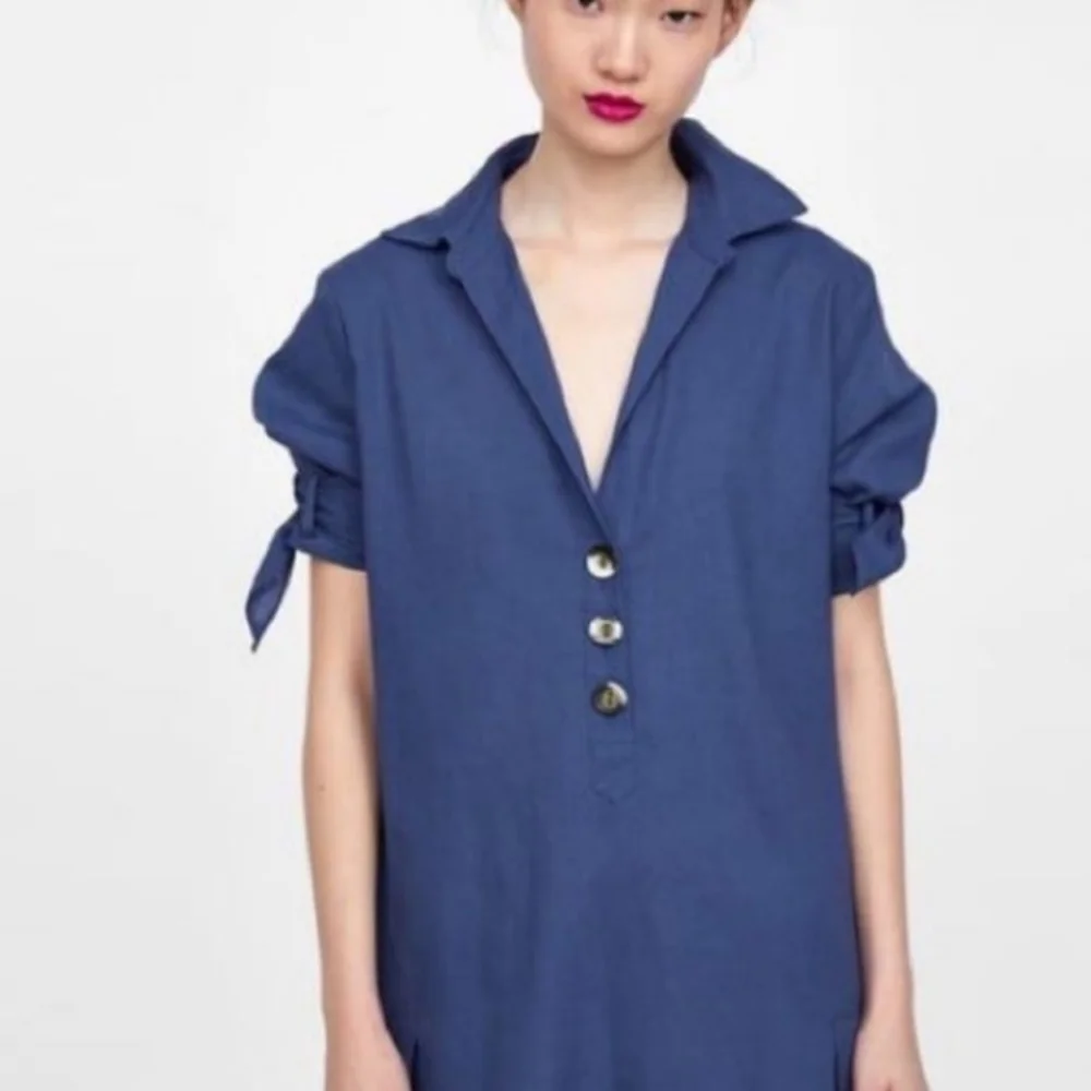 Zara Basics Blue Linen Blend Shirt Dress - Picture 3 of 7